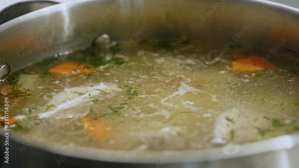 Boiling pot of soup with carrots and herbs Boiling pot of soup with carrots and herbs
