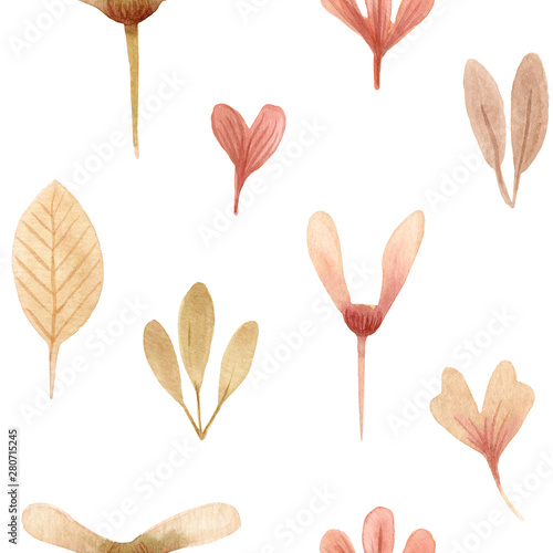 Seamless pattern of watercolor autumn leaves. Isolated on white background. Hand drawn painted flowers illustration
