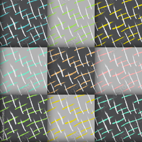 Set of vector seamless abstract patterns of colorful strokes on the grey background. For bookscrapping, wrapping, fashion use. photo