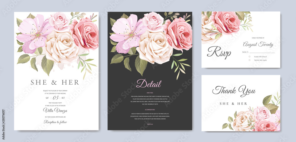 wedding invitation card with floral and leaves background template 