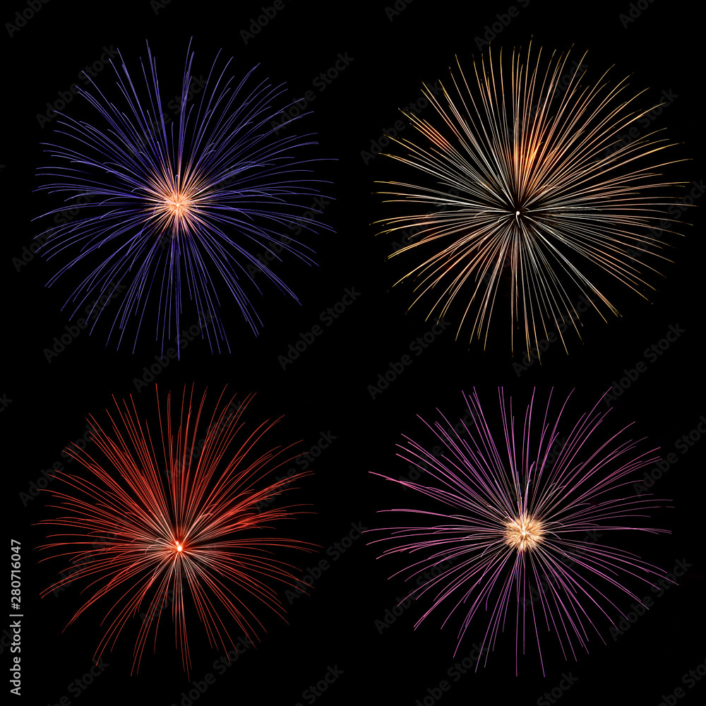 Square format composition of four explosions of fireworks of different colors Square format composition of four explosions of fireworks of different colors