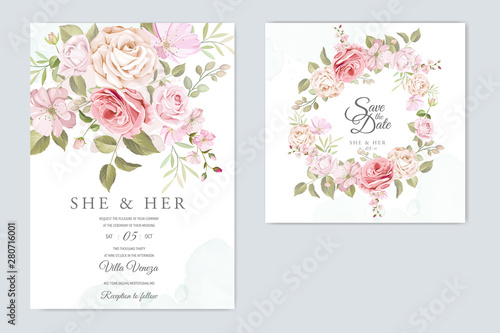 wedding invitation card with floral and leaves background template 
