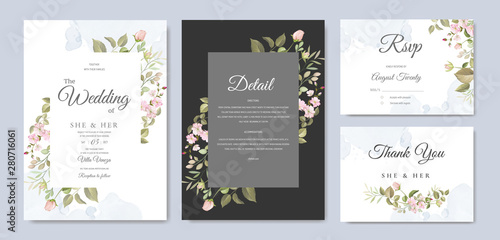 wedding invitation card with floral and leaves background template 