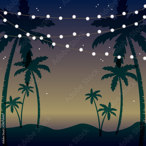Palm tree silhouette and hanging garland light illustration