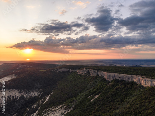 the sun is on the horizon. Green mountains. Crimea