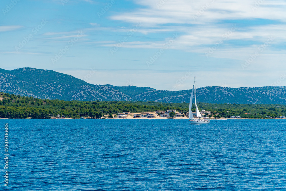 Lonely Yacht sailing on opened sea, Croatia Lonely Yacht sailing on opened sea, Croatia