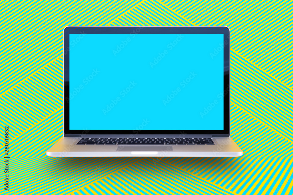 Computer staying on a table & showing the screen. Trendy & vibrant design. Geometry. Innovational digital internet applications & web business solutions. Modern workspace in an office. Development. Computer staying on a table & showing the screen. Trendy & vibrant design. Geometry. Innovational digital internet applications & web business solutions. Modern workspace in an office. Development.