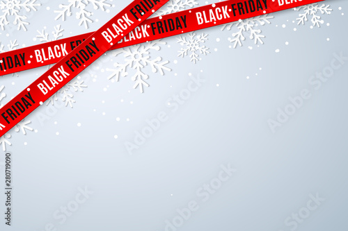 Template for Black Friday sale on light background with snowflakes. Crossed red ribbons with text. Super seasonal sale. Festive graphic elements. Vector illustration