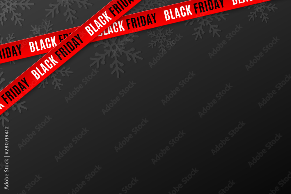 Template for Black Friday sale on black background. Crossed red ribbons with text. Snowflakes background. Super seasonal sale. Festive graphic elements. Vector illustration - obrazy, fototapety, plakaty 