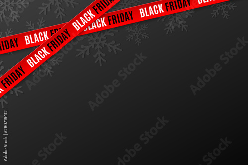 Template for Black Friday sale on black background. Crossed red ribbons with text. Snowflakes background. Super seasonal sale. Festive graphic elements. Vector illustration photo