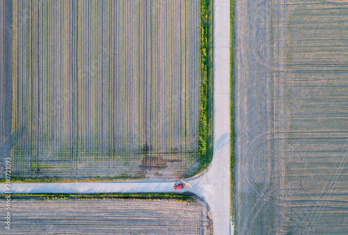 Top view of agricultural fields with roads