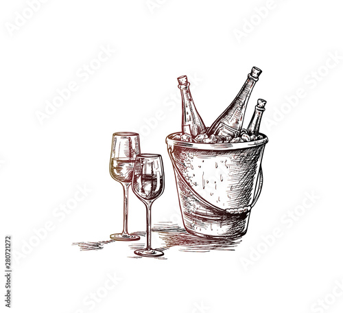 Sketch of wine bottle, glass of red wine. Hand Drawn Sketch Vector illustration.