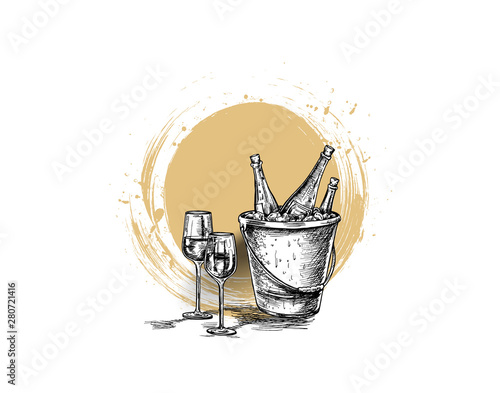Sketch of wine bottle, glass of red wine. Hand Drawn Sketch Vector illustration.