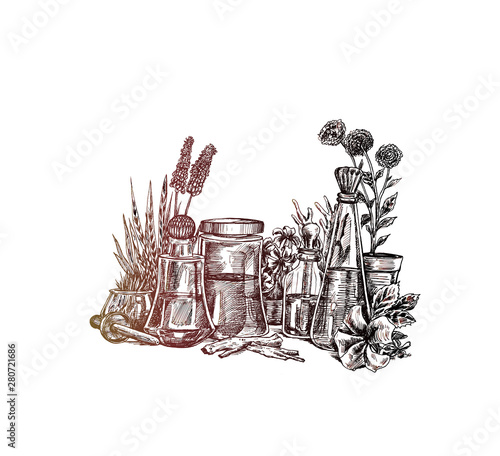 Natural organic botany and scientific glassware, Alternative herb medicine, Natural skin care beauty products, Research and development concept