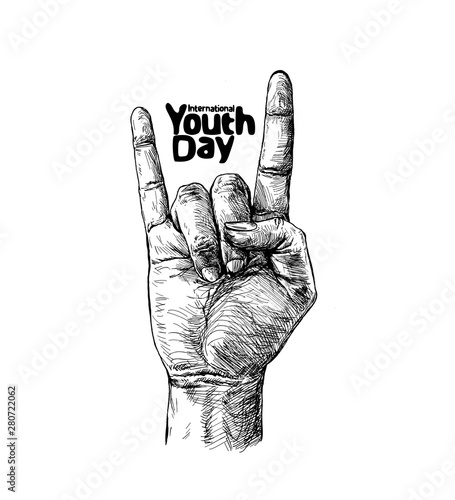 Rock and roll sign with text of international youth day. Hand drawn Sketch illustration Design.
