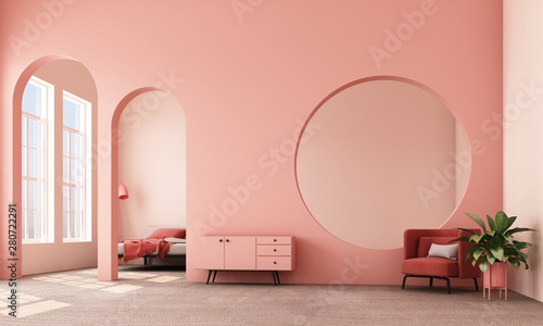 Fototapeta Naklejka Na Ścianę i Meble -  Abstract interior design.living area and bedroom with architectural elements in pink tone, circular arc, round opening and concrete floor.3d rendering