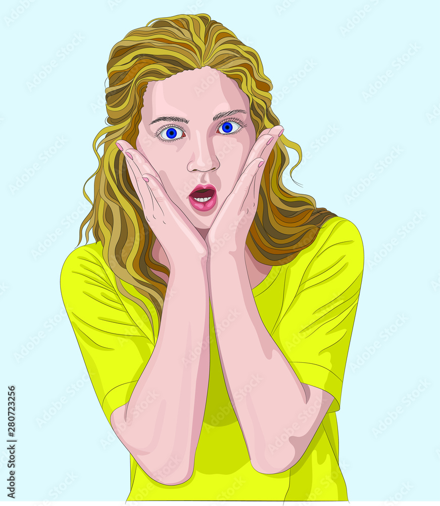 Vector illustration - surprised girl holding face with hands Vector illustration - surprised girl holding face with hands