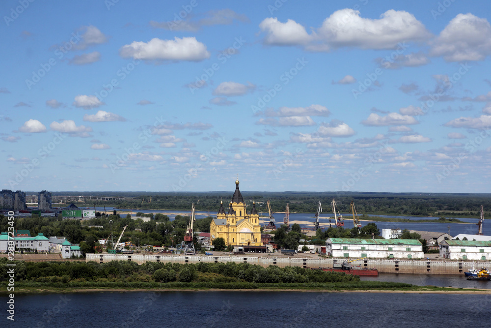 View of the port and the Cathedral of Prince Alexander Nevsky from the side of the Oka River