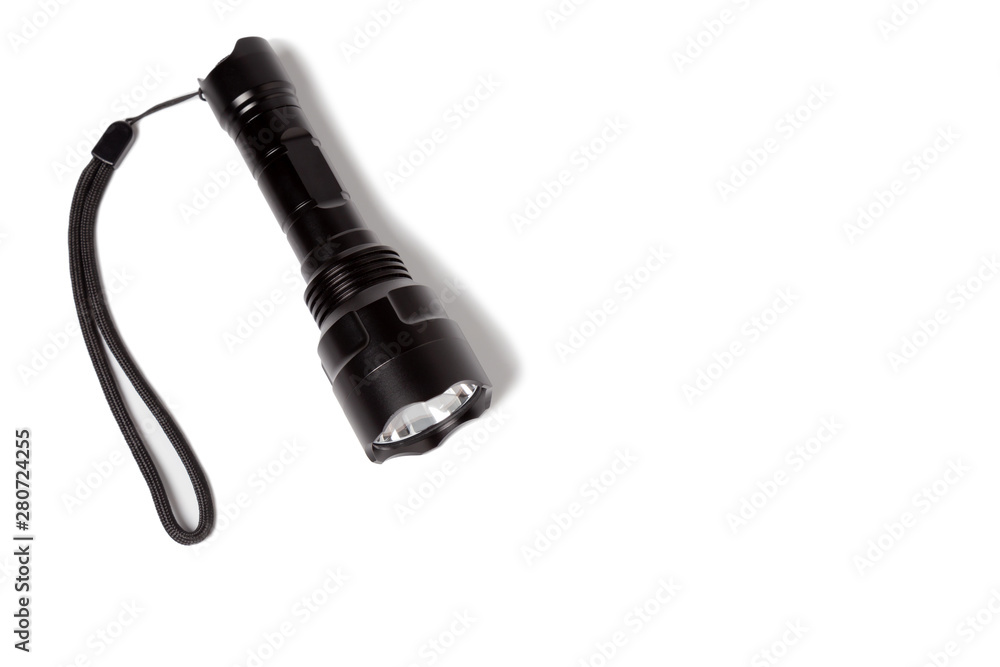 Super power flashlight isolated on white background. Flashlight for camping. copy space for design. Super power flashlight isolated on white background. Flashlight for camping. copy space for design.