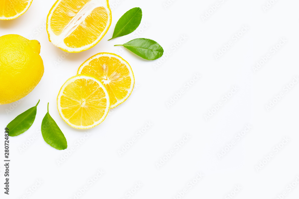 lemon and slices with leaves isolated on white. lemon and slices with leaves isolated on white.