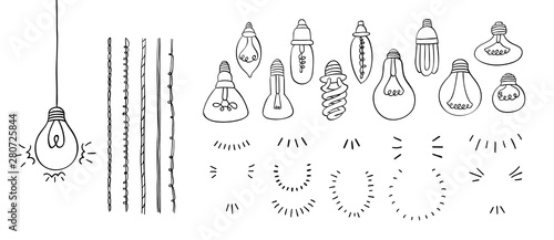 Make a light bulb hand drawn set with bulbs  wires and lighting  concept of idea  doodle style  constructor  vector illustration.