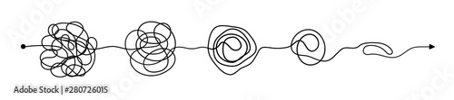 Set of messy clew symbols connected between them line of symbols with scribbled round element, consept of transition from complicated to simple, isolated on white background Vector illustration.