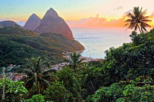 Tropical landscape with view of the village and the two Pitons, Gros Piton 770m and Petit Piton 743m, evening sun, Soufriere, St. Lucia, Lesser Antilles, West Indian Islands, Caribbean Sea