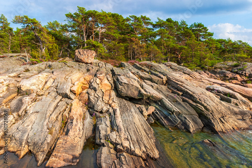 Rock formations on a beach at a pine forest