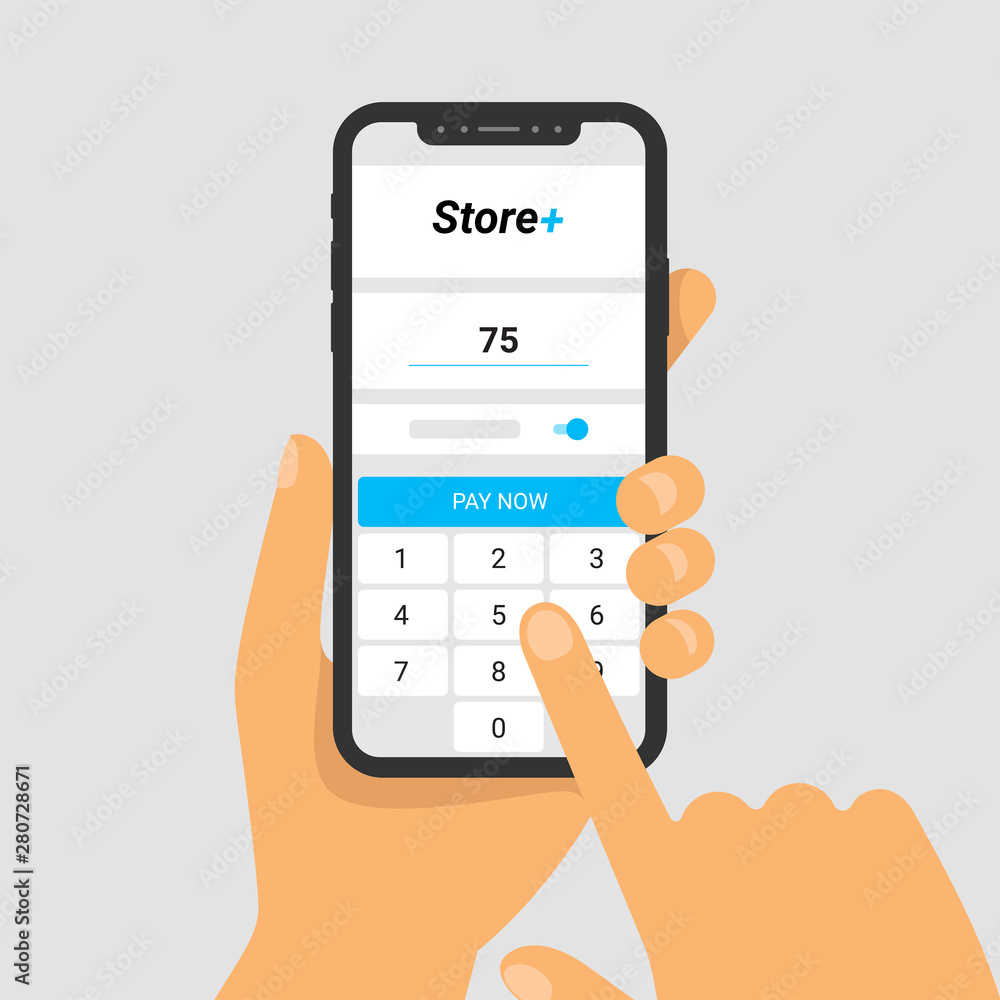 Vector illustration of phone in hand. The application for paying for purchases on smartphone screen. Enter amount on screen keyboard. Finger touch display. Vector flat infographics. Vector illustration of phone in hand. The application for paying for purchases on smartphone screen. Enter amount on screen keyboard. Finger touch display. Vector flat infographics.