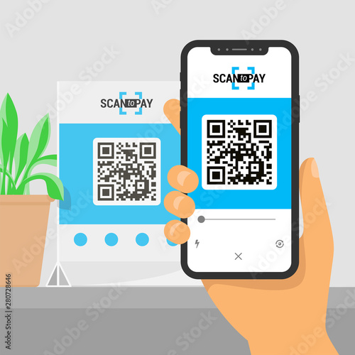 Screen smartphone with app in hand. Scanning qr code on table and online payment, money transfer. Illustration of flat style. Vector isometric infographics.