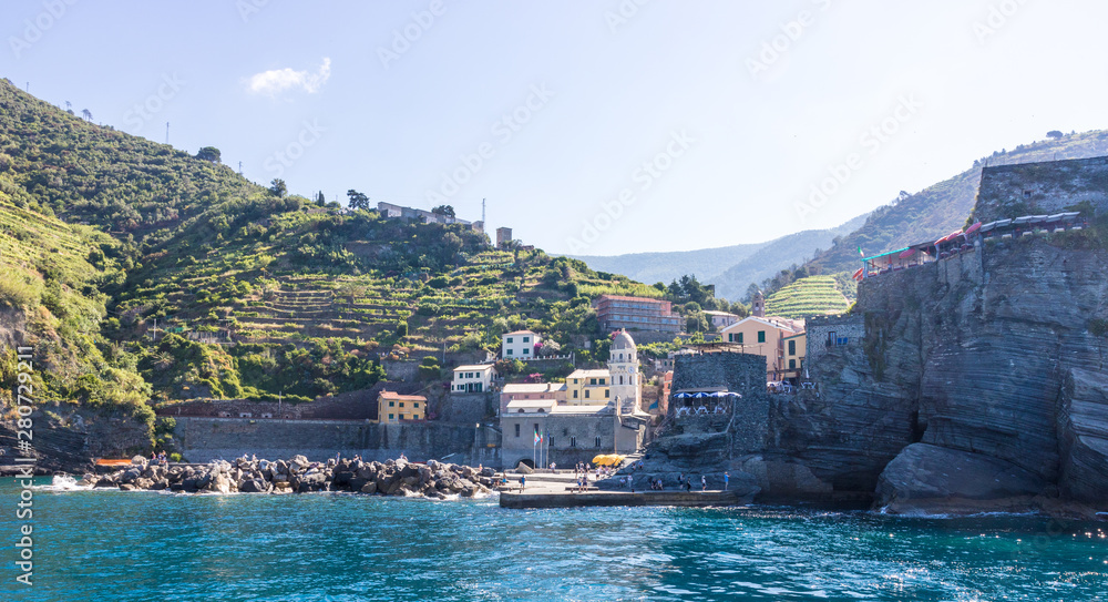 The Cinque Terre is a coastal area within Liguria, in the northwest of Italy. View from the sea.