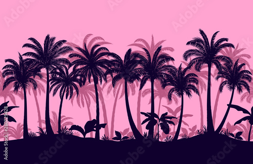 Horizontal Seamless Pattern, Tropical Forest, Evening or Morning Tile Landscape with Exotic Palms Trees and Grass Silhouettes on Pink Background. Vector