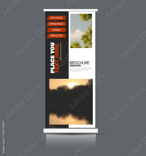 Roll up stand template. Vectical banner layout design for advertisement, presentation, business, education. Red and black color. Vector illustration.