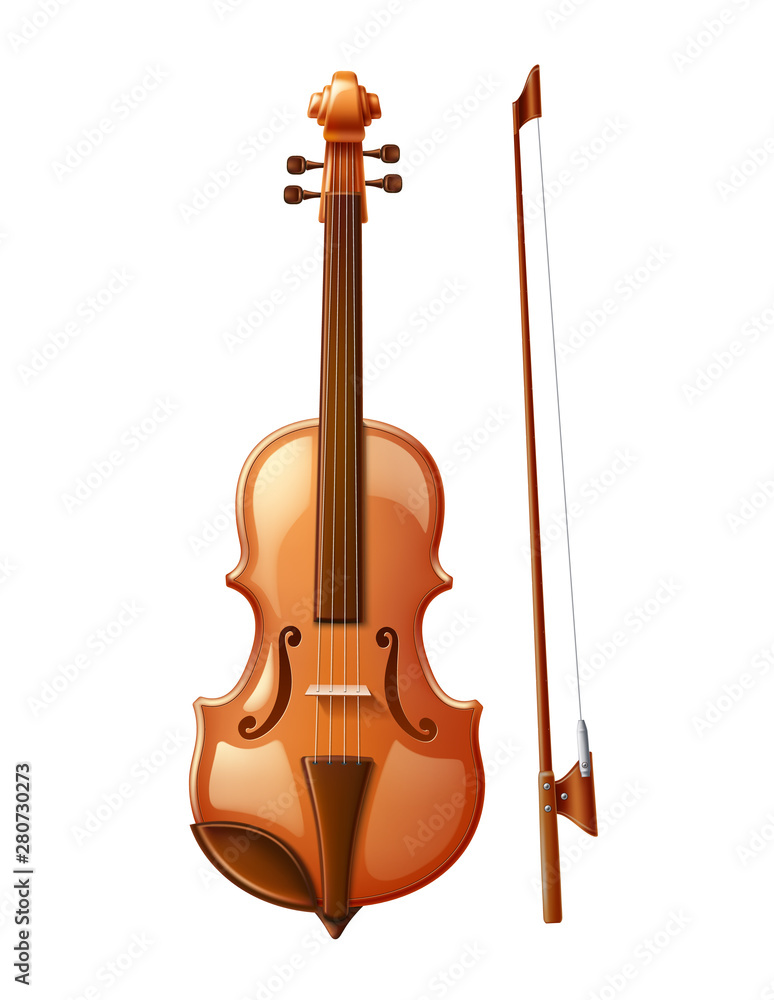 Realistic violin with fiddlestick. Wooden classic musical instrument. Orchestra music string instrument. Vector 3d fiddle. Realistic violin with fiddlestick. Wooden classic musical instrument. Orchestra music string instrument. Vector 3d fiddle.