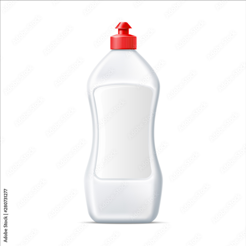 Realistic dishwashing detergent bottle mockup. Vector kitchen plates