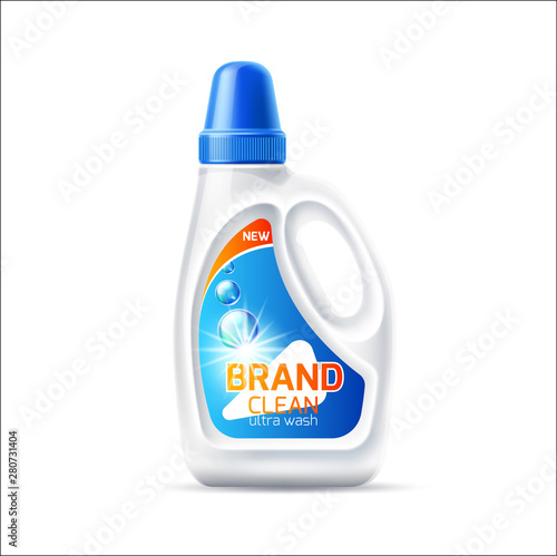 Realistic laundy detergent bottle. Blank white fabric softener container mockup. Vector drain cleaner, bleach package design. Household chores product branding and advertising element.