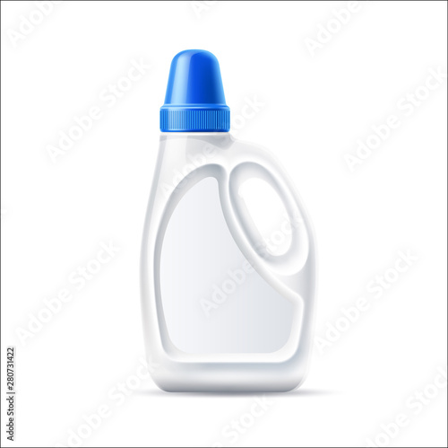Realistic laundy detergent bottle. Blank white fabric softener container mockup. Vector drain cleaner, bleach package design. Household chores product branding and advertising element.