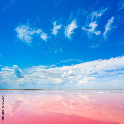 pink lake under blue sky with clouds in summer day © sergejson