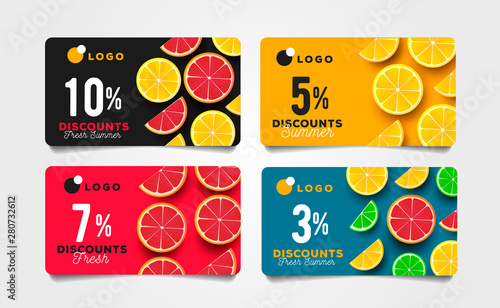 Summer sale discount cards with sliced citrus pieces and percentage of sale