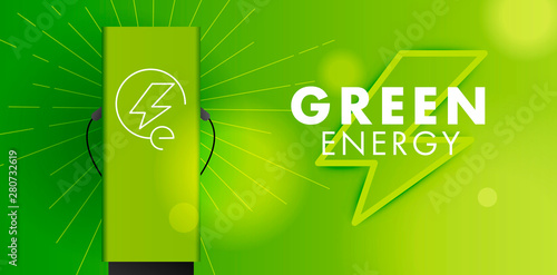 Electro power, green energy symbol and charging station with logo on modern backdrop