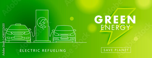 Electro power, green energy symbol and linear electro cars on charge on charging station illustration