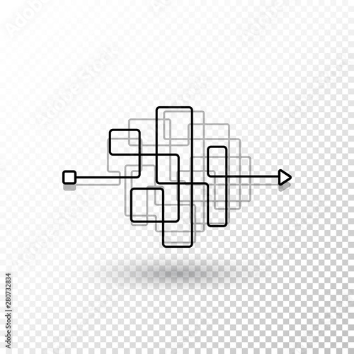 Messy lines. Complicated clew way with transparent shadow. Tangled vector path. Chaotic difficult process way illustration