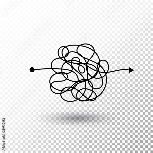 Insane messy line. Complicated clew way with transparent shadow. Tangled scribble vector path. Chaotic difficult process way illustration