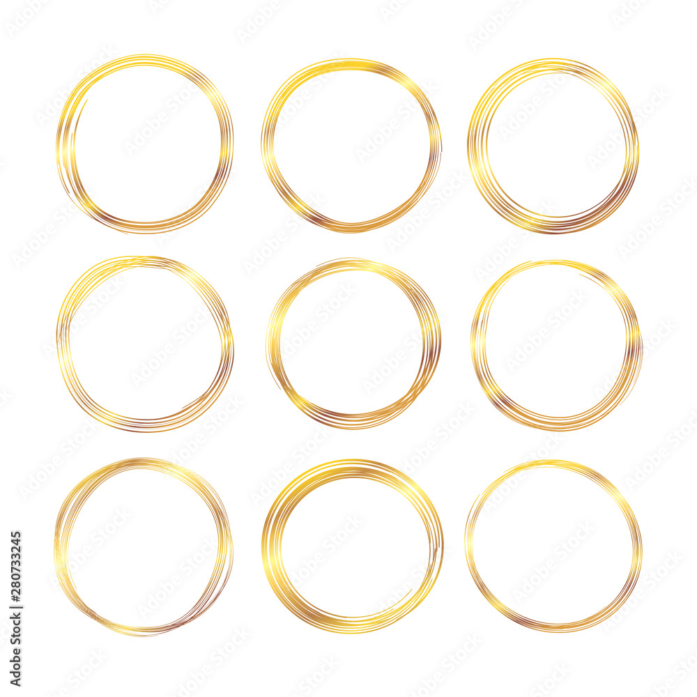 Hand drawn gold circle line sketch set. Vector circular scribble doodle golden circles for message note mark design element. Hand drawn gold circle line sketch set. Vector circular scribble doodle golden circles for message note mark design element.