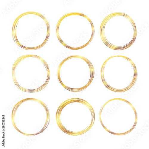 Hand drawn gold circle line sketch set. Vector circular scribble doodle golden circles for message note mark design element.