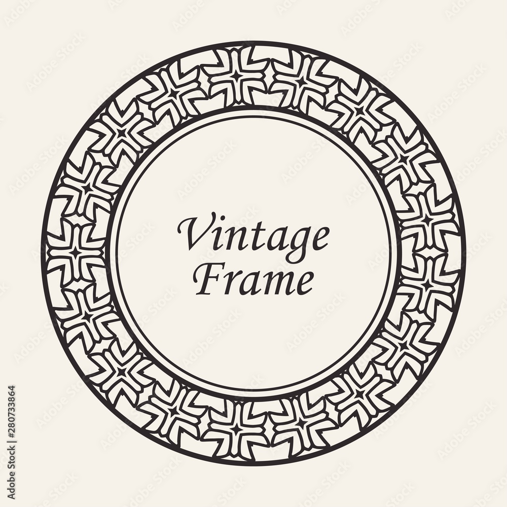Decorative round modern art deco frame. Template for design. Elegant vector element with place for text. Vintage ornate border. Lace illustration for invitations and greeting cards Decorative round modern art deco frame. Template for design. Elegant vector element with place for text. Vintage ornate border. Lace illustration for invitations and greeting cards