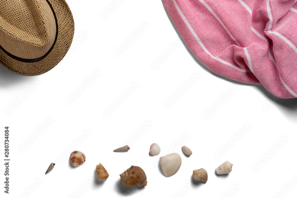 Fototapeta premium Towel. Scarf. Cover for picnic. Straw hat. Seashells. Summer travel concept elements. Isolated on white background. Top view.