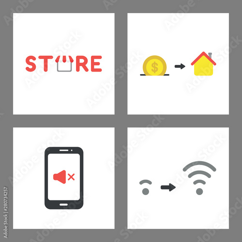 Icon concept set. Store, save money and buy house, smartphone sound off, wifi signal increase.