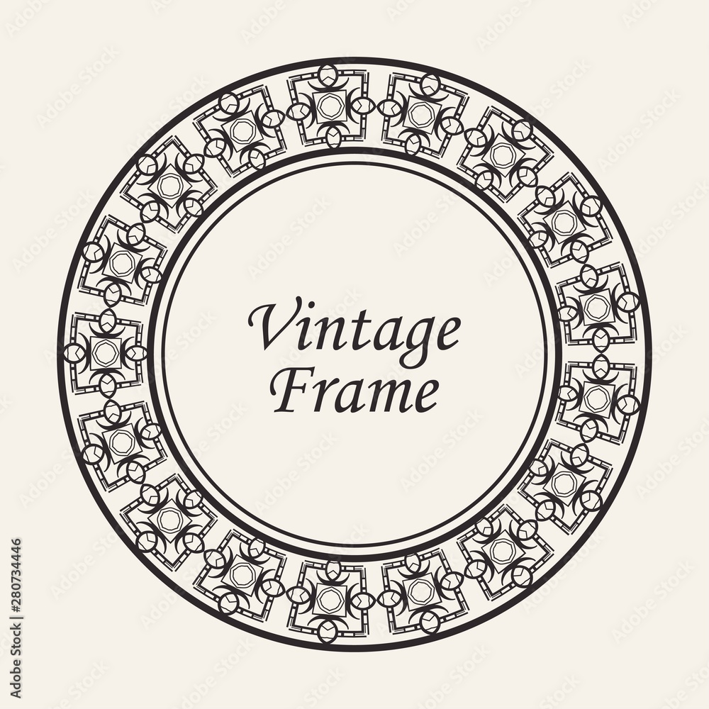 Decorative round modern art deco frame. Template for design. Elegant vector element with place for text. Vintage ornate border. Lace illustration for invitations and greeting cards Decorative round modern art deco frame. Template for design. Elegant vector element with place for text. Vintage ornate border. Lace illustration for invitations and greeting cards