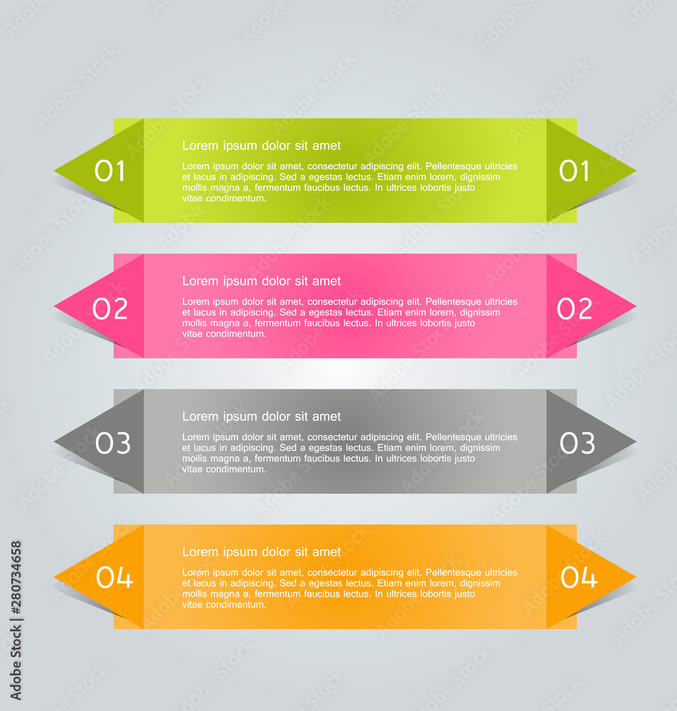 Infographics template. Business banner design for flyer, brochure, report, presentation, book, magazine, education.  Vector illustration. Green, pink, grey, and orange color.